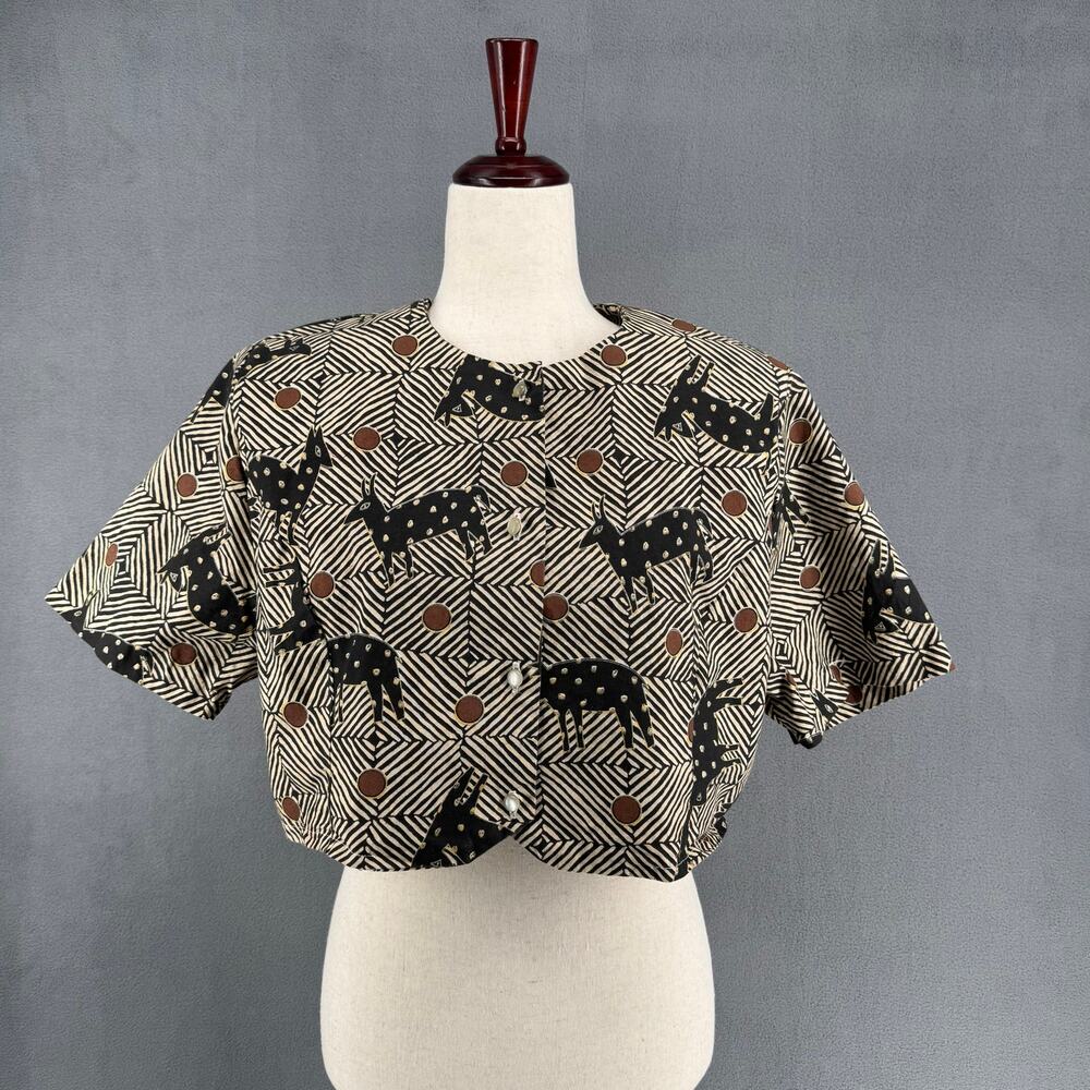 Vtg Zimba Print Safari Crop Top L? Button Front Womens Tan Black Shoulder Pads